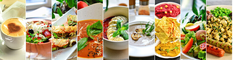 Collage of diverse food. Various tasty and healthy food. Vegetarian menu.