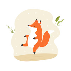 A cheerful dancing cute fox. Vector illustration.