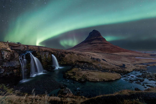 Kirkjufell Mountain with Waterfall and Norhternlights - Winter - Iceland 