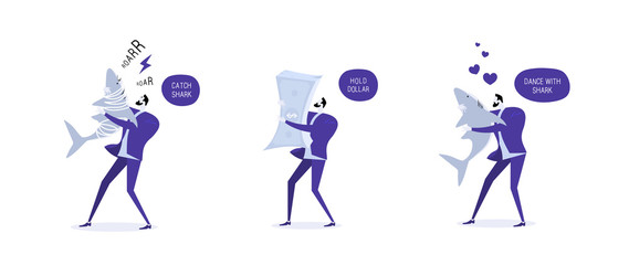 Business metaphor.  Set of scenes a man dancing with a shark, with a dollar, catches a shark Compare with your trade model. Commerce enterprise. Leader skills taking to a new level your company. Isola
