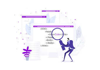 Business metaphor.  Man with a magnifying glass is engaged in programming Compare with your trade model. Commerce enterprise. Leader skills taking to a new level your company. Isolated