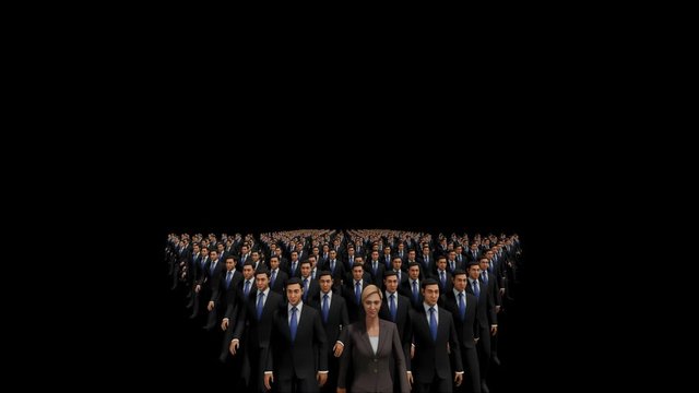 Businessmen with a businesswoman in front forming arrow shape pointing up, hd, Alpha Channel