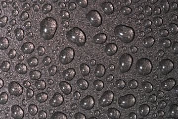 A close up abstract macro photo of water droplets on a grey non stick frying pan material