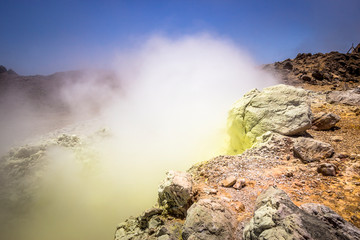 Fumaroles and vapors of sulfur and acid, close-up of  the crater "La Soufrière", the Guadeloupe volcano , in the french West Indies, France © Nicolas Viard