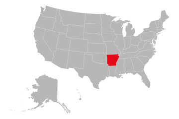 Arkansas state highlighted red color on USA map. Gray background. USA political map.
