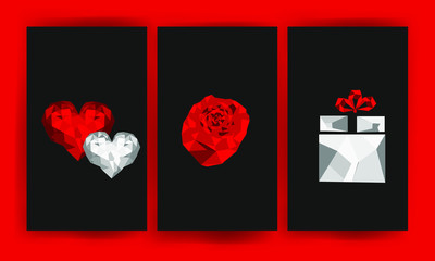 Valentine's day set red low poly abstract 3d decoration, heart, rose and gift. Postcards on a black background