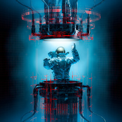 Basic teleportation principles / 3D illustration of astronaut emerging from dark complex futuristic teleport portal machinery