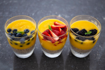 Chia pudding and Mango smoothie with fruit topping