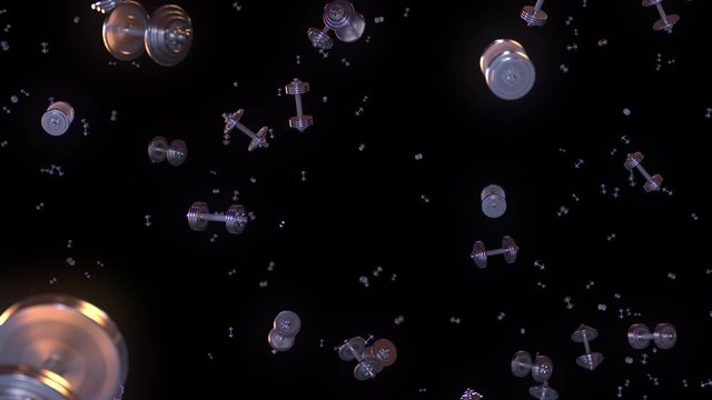Flying dumbbells from the bottom up in cold-warm lighting. Animation is seamlessly looped. Separated on pure black background, contains alpha channel.