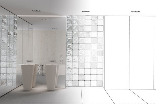 Sketch of a minimalist interior shower room with window and washbasins became a real interior. Front view. 3d render