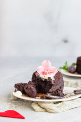 Warm dessert chocolate fondant with ice cream, mint and blackberry on the white plate. Lava cake...