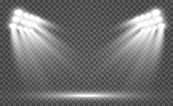 Stadium floodlights brightly illuminate evening or night sports games, concerts, shows, events. Isolated on a transparent background. Arenas of bright spotlights. Bright lights. Illuminated scene.