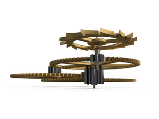 Watchmaking main gear train with brass central wheel, 3d wheel, 4th wheel, escapement wheel and steel polished pinions	