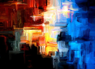 Night party background illustration, hand drawn abstract lighted fragments. Digital painting of colorful bokeh randomly flying on the dark background. Festive night lights.