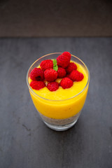 Chia pudding and Mango smoothie with raspberry topping