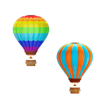 Set of two cute isolated toy balloons: rainbow, and orange-blue. Stylized 3D illustration on a white background.
