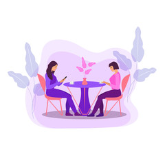 Girls are sitting at a table in a cafe drinking coffee. Women in a restaurant, friends communicate. Flat modern illustration. Vector