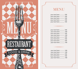 Vector menu template for restaurant with price list and fork in a figured frame on a checkered background in vintage style