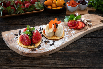 Pancakes with banana, strawberry and chocolate for shrove tuesday