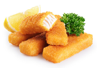 Fish fingers sticks with parsley and lemon isolated on white background.