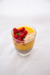 Chia pudding and Mango smoothie with raspberry and granola topping