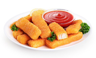 Fish fingers sticks with ketchup, lemon and parsley isolated on white background.
