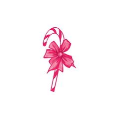 Candy cane for Christmas with pink bow isolated on white background