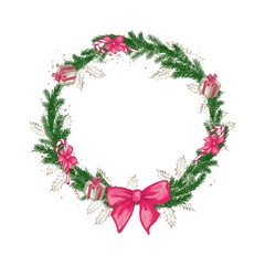 Christmas wreath with gifts and candy cane