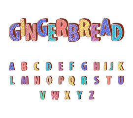 Font with text Gingerbread. Set of Gingerbread cookies alphabet with fondant. 