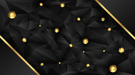 Low poly elegant triangles  background with golden metal spheres,