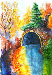  autumn forest road landscape picture beautiful watercolor drawing illustration