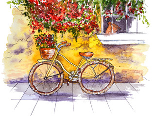 Fototapeta na wymiar bike ride travel watercolor drawing illustration