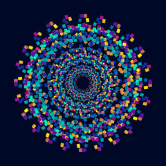 A circular abstract pattern of vortices made up of colored squares.