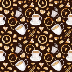 Coffee seamless watercolor pattern. Drawn by hands in watercolor. Create mouth-watering posters, postcards, patterns. Use this element to realize your fantasies