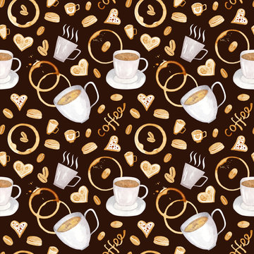 Coffee seamless watercolor pattern. Drawn by hands in watercolor. Create mouth-watering posters, postcards, patterns. Use this element to realize your fantasies
