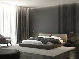 Contemporary grey masculine bedroom with armchair