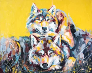 Öl-Wolf-Porträtmalerei in bunten Tönen. Konzeptionelle abstrakte Malerei von ein paar Wölfen. Nahaufnahme eines Gemäldes mit Öl und Spachtel auf Leinwand. © Mari Dein