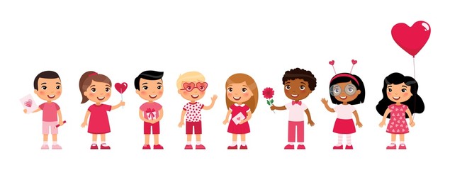 Multicultural little boys and girls dating, celebrating Valentines Day flat vector illustration. Young girlfriends and boyfriends isolated cartoon characters set. Children with February 14 presents