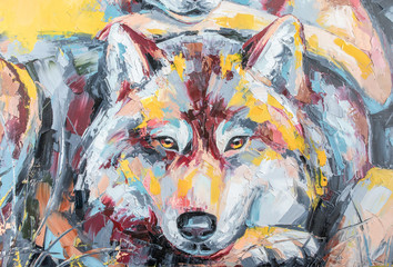 Fototapeta premium Oil wolf portrait painting in multicolored tones. Conceptual abstract painting of a couple wolves. Closeup of a painting by oil and palette knife on canvas.