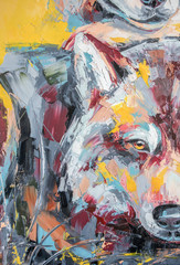 Oil wolf portrait painting in multicolored tones. Conceptual abstract painting of a couple wolves. Closeup of a painting by oil and palette knife on canvas.