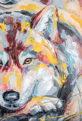 Fototapeta premium Oil wolf portrait painting in multicolored tones. Conceptual abstract painting of a couple wolves. Closeup of a painting by oil and palette knife on canvas.