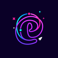 Lowercase e letter logo with planets, rocket and orbits lines.