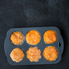 frozen puree orange pumpkin or carrot (preparation, silicone mold, vegetable puree mashed, convenience food) menu concept. food background. top view. copy space