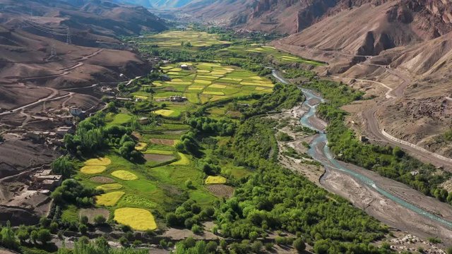golden hour drone shot of a beautiful valley in ladakh
