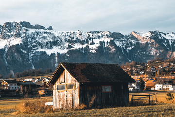 Fototapeta na wymiar A Wooden Hut In The Mountains, Liechtenstein.