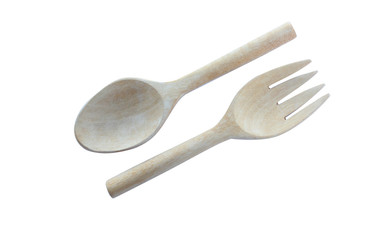 wood spoon and fork  isolated on white background.