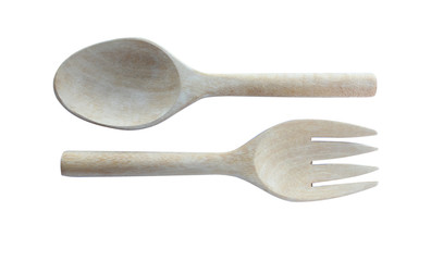 wood spoon and fork  isolated on white background.