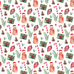 Watercolor seamless pattern with Christmas decor, toys, gifts, snowman, sweets. Winter holiday design. Background with hand painted