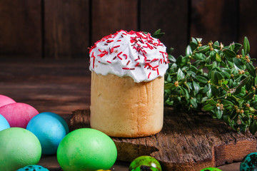 easter cake and easter eggs, traditional holiday design (happy easter) menu concept. food background. top view. copy space