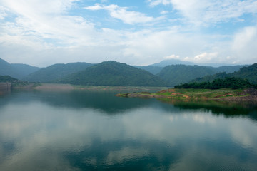 View of the dam on a bright sky.The reflection of the sky in the river. (Khong Tha Dan Dam in thailand)